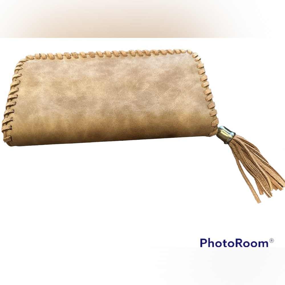 Clutch / Wallet Tan Faux Leather, Tassel zipper opening, new, never used
